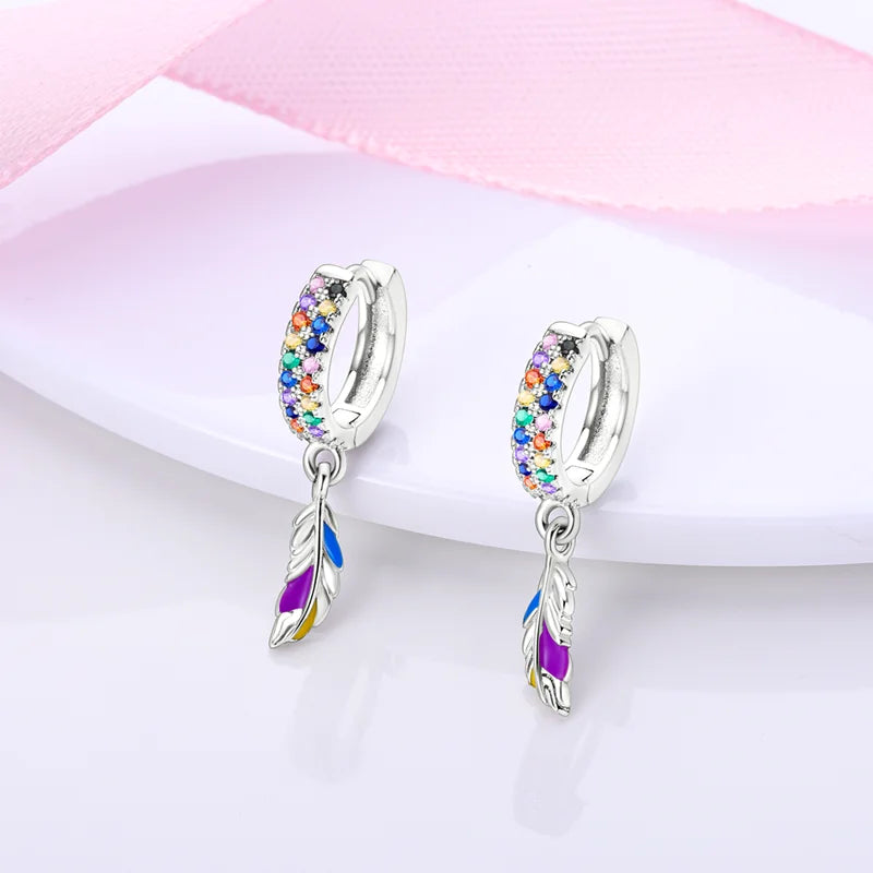 Rainbow Feather Hoop Earrings